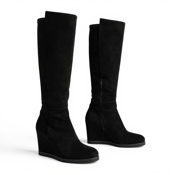 Stuart Weitzman black suede and elastic over the knee wedge platform boot 8M - Picture 1 of 10